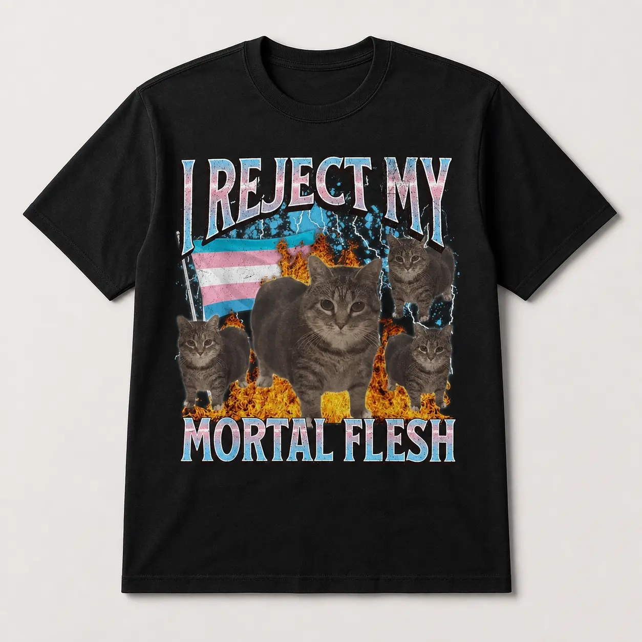 Unisex I Reject My Mortal Flesh Trans Pride Tabby Cat Graphic Black T-Shirt Retro Bootleg Flame Lightning Transgender Flag Weird Viral Meme LGBTQ Casual Crew Neck Short Sleeve Tee