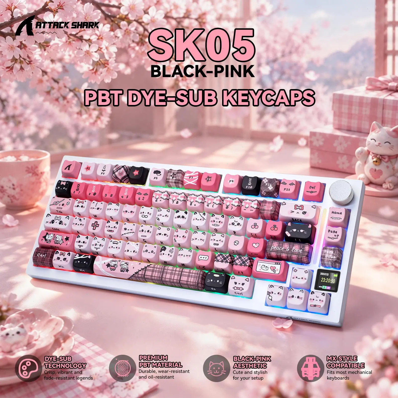 ATTACK SHARK SK05 MOA Keycaps(Keyboard Not Included), 118/119 Keys PBT Cat Bear Theme, Cute ANSI US QWERTY Keycap Set for Mechanical Gaming Keyboards