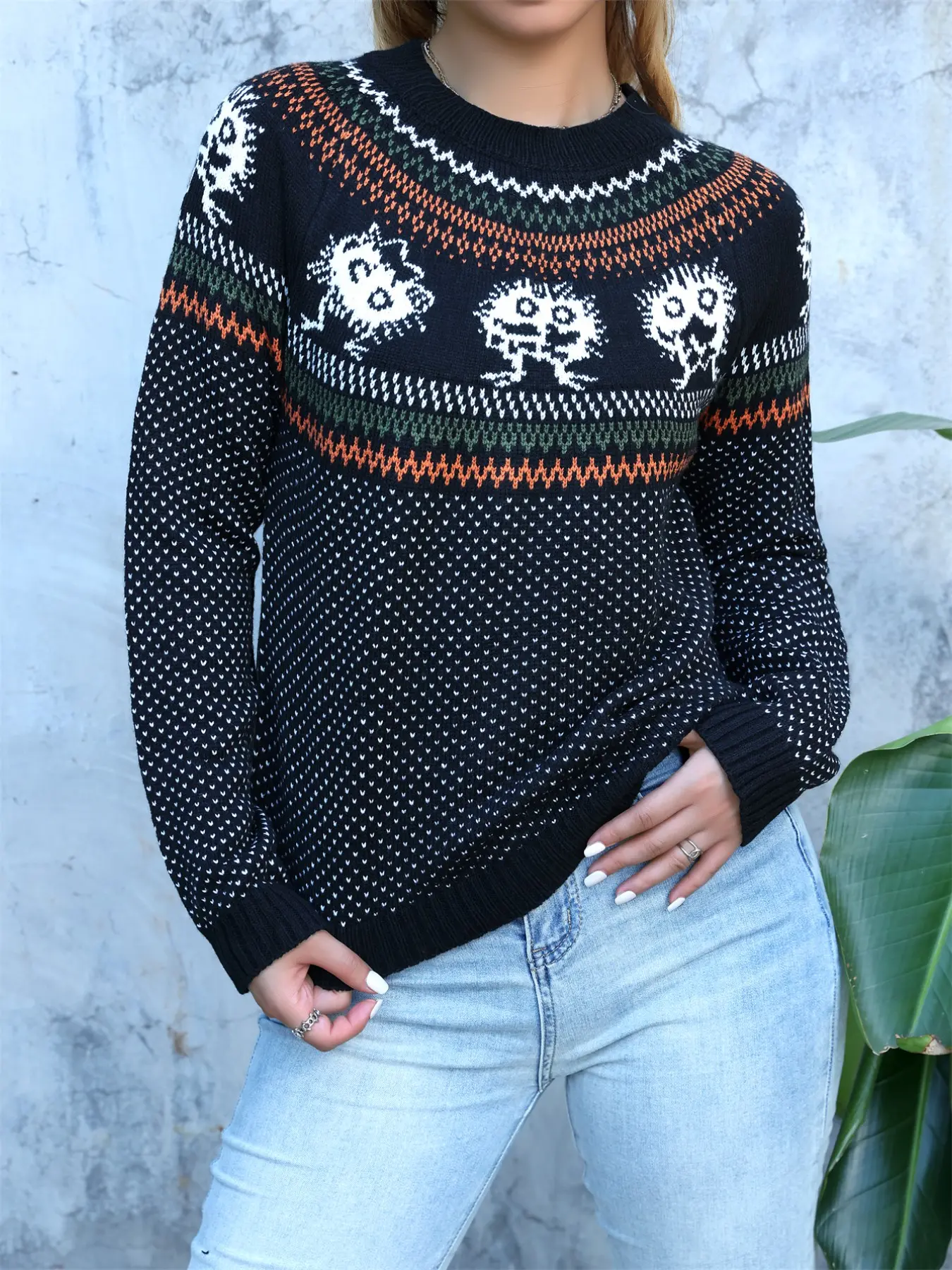 Women's Halloween Monster Jacquard Knit Sweater, Round Neck Long Sleeve Casual Pullover, Fall Winter Fashion Top for Ladies