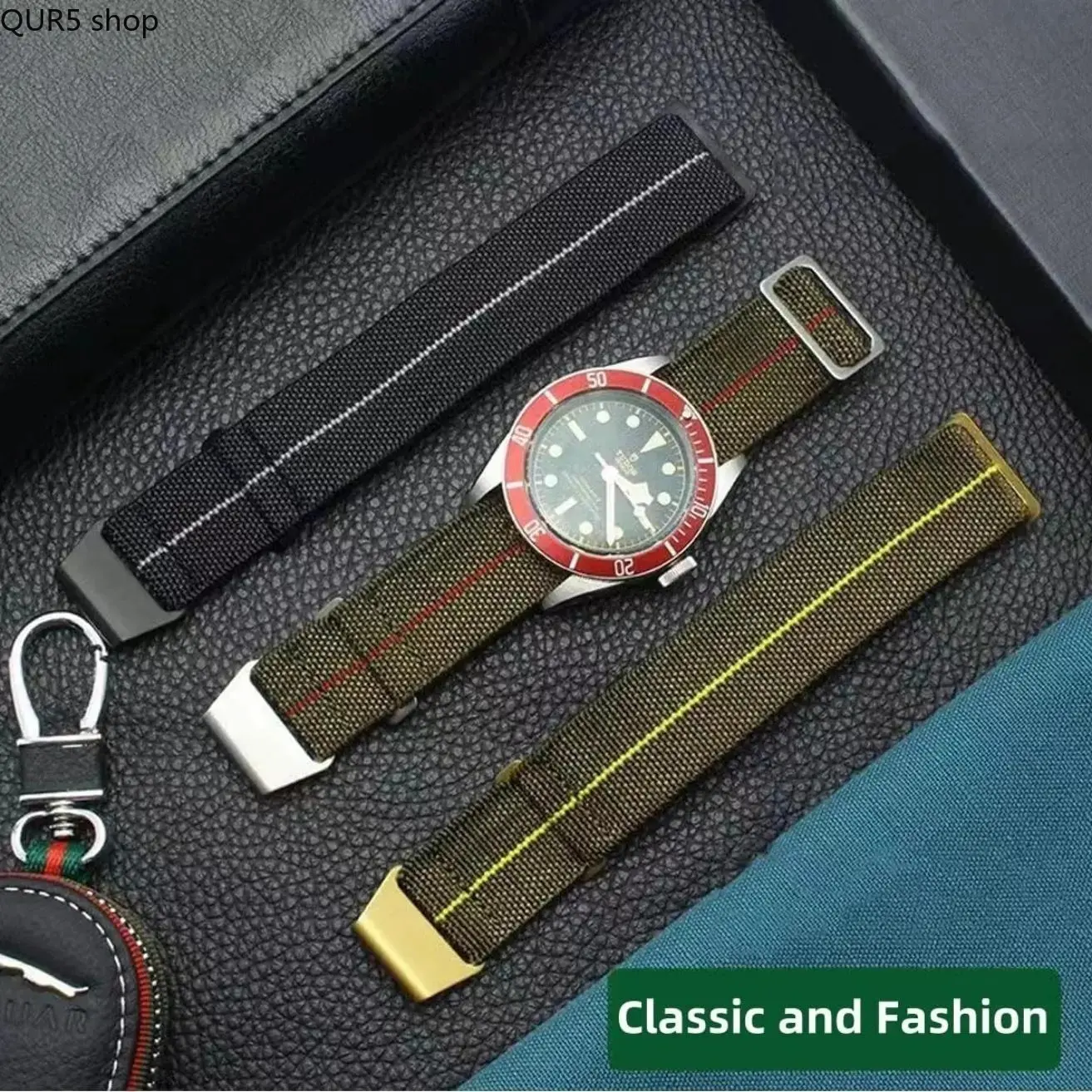 French paratrooper style elastic nylon watch band, military hook-and-loop adjustable strap with silver and black buckles, offered in 18mm, 20mm, 22mm widths. Unisex rugged tactical wrist accessory, sturdy comfy for outdoor sports, daily commuting and mili