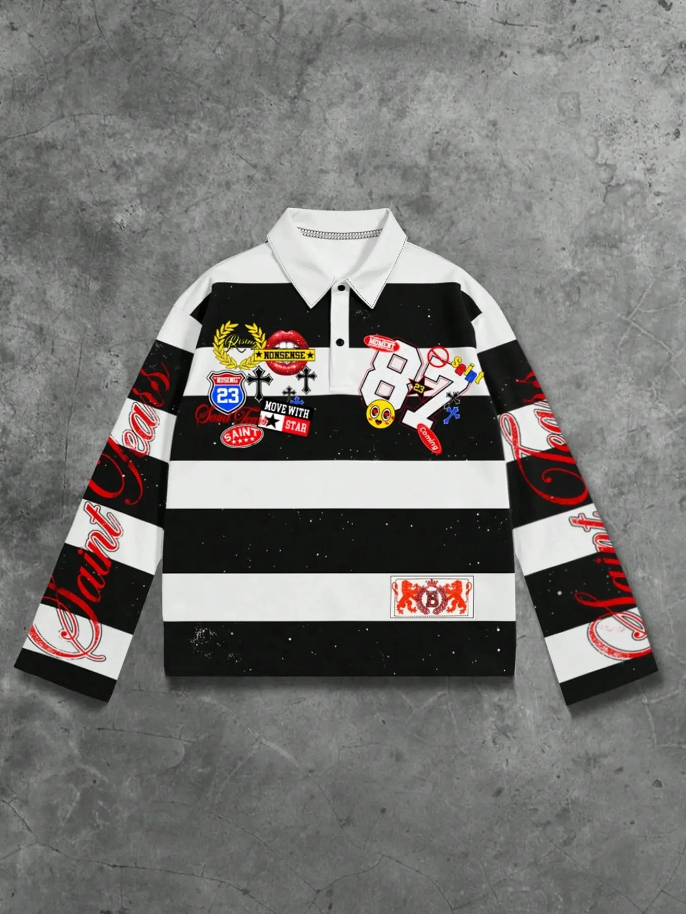 Men's Black White Wide Rugby Stripe Contrast White Collar Long Sleeve Polo Shirt, Multi Badge Number 23 87 Saint Tears Graphic Print, Loose Fit Vintage Preppy American Streetwear Casual Daily Top