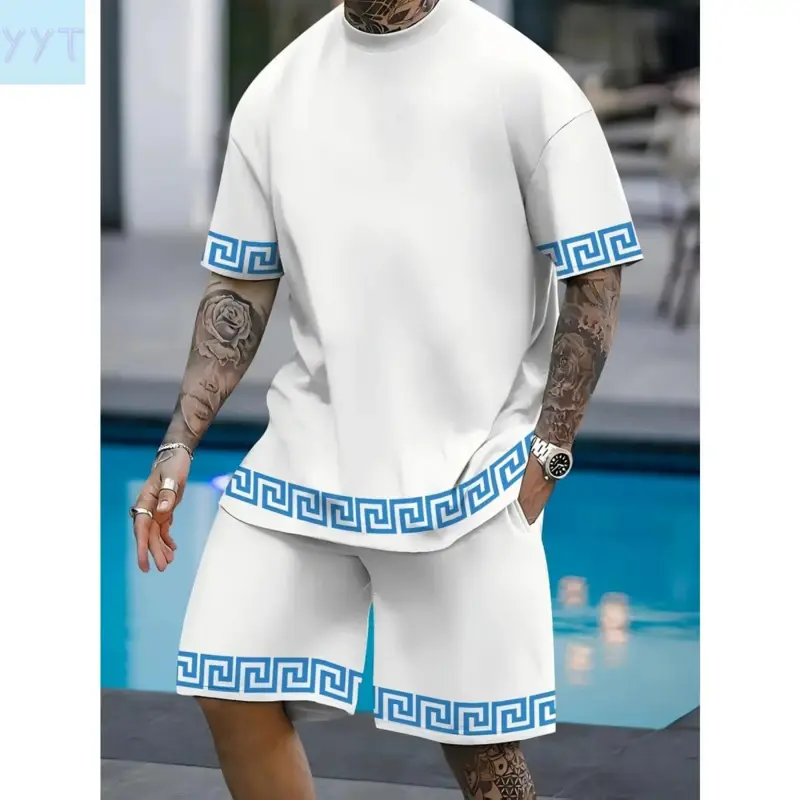 YYT1 Men's 2-Piece Loungewear Set - Menswear Clothes, Geometric Print Polyester Knit, Casual Round Neck Short-Sleeve T-Shirt & Drawstring Shorts with Pockets, Slightly Stretchy, Ideal for Daily & Weekend Wear