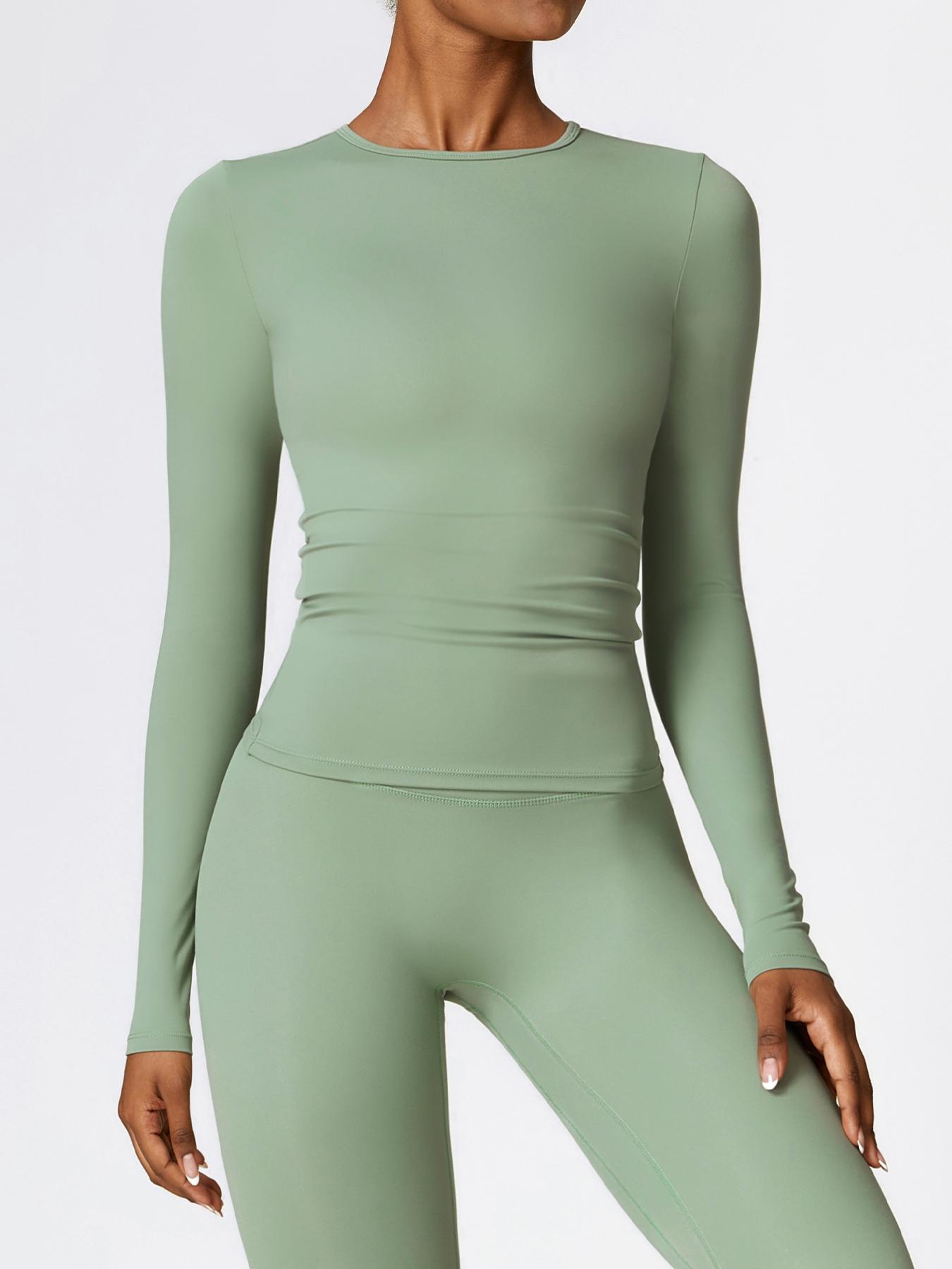 Women's Solid Long Sleeve Sports Tee, Sporty Round Neck T-shirt for Yoga Gym Workout Running, Ladies Sportswear for Spring & Fall, Gym Performance Top