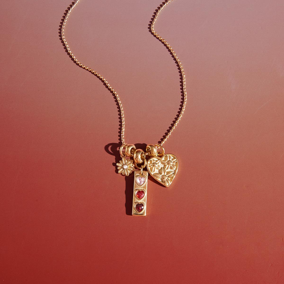 [FLAME] Women's Gold Bead Necklace with Heart & Daisy Flower Decorations, Elegant Layered Jewelry with Pink CZ Accents, Suitable for Casual Wear & Gifts