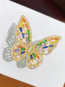 1pc Rainbow CZ Butterfly Open Ring for Women, Adjustable Gold Tone Statement Ring, Sparkling Crystal Butterfly Jewelry, Fairycore Y2K Fashion Accessory, Cute Luxury Ring for Daily Wear, Party, Vacation & Gift