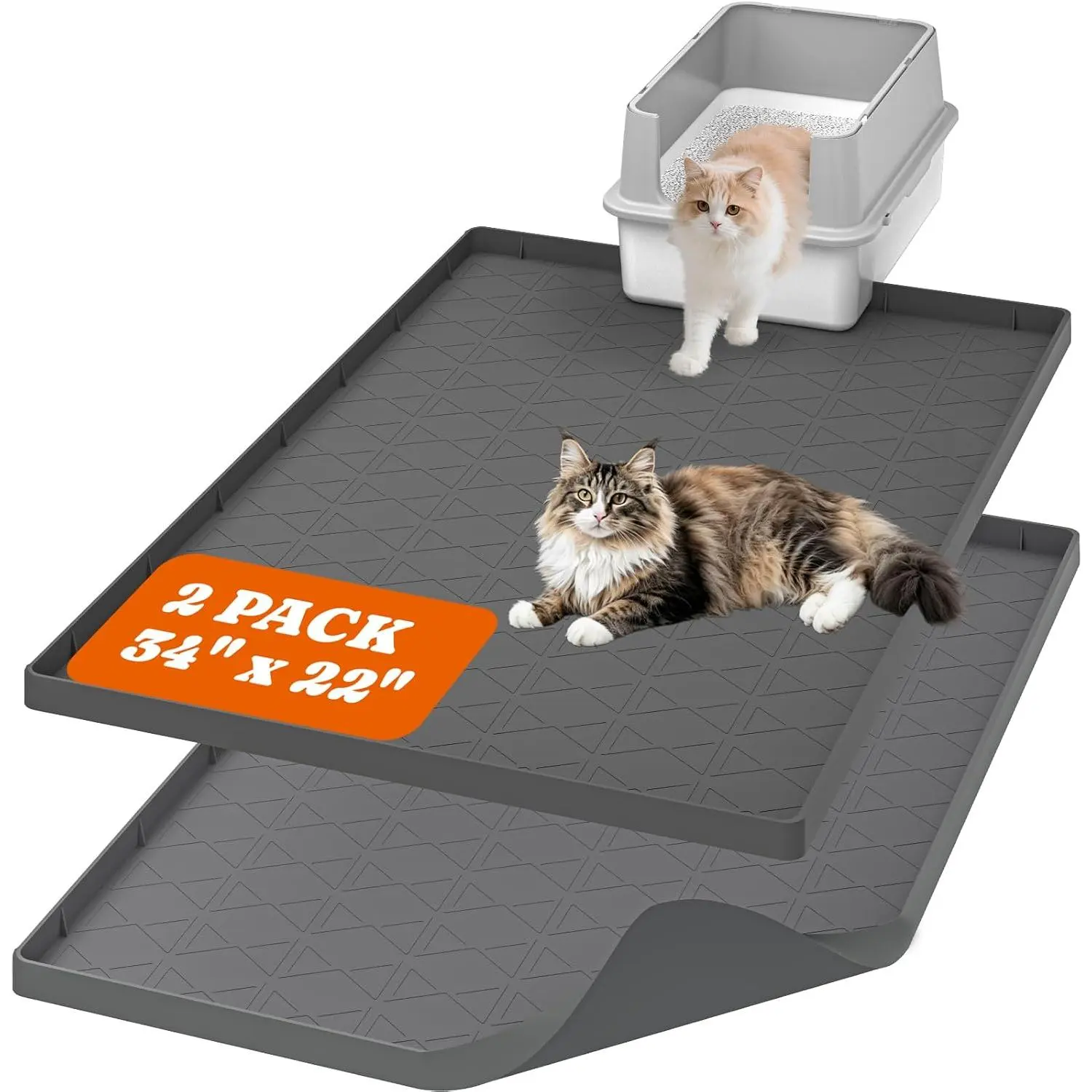 Large Cat Litter Mat for Litter Box 2 Packs, 34" x 22" Waterproof Silicone Pad for Floor, Easy to Clean, Gray
