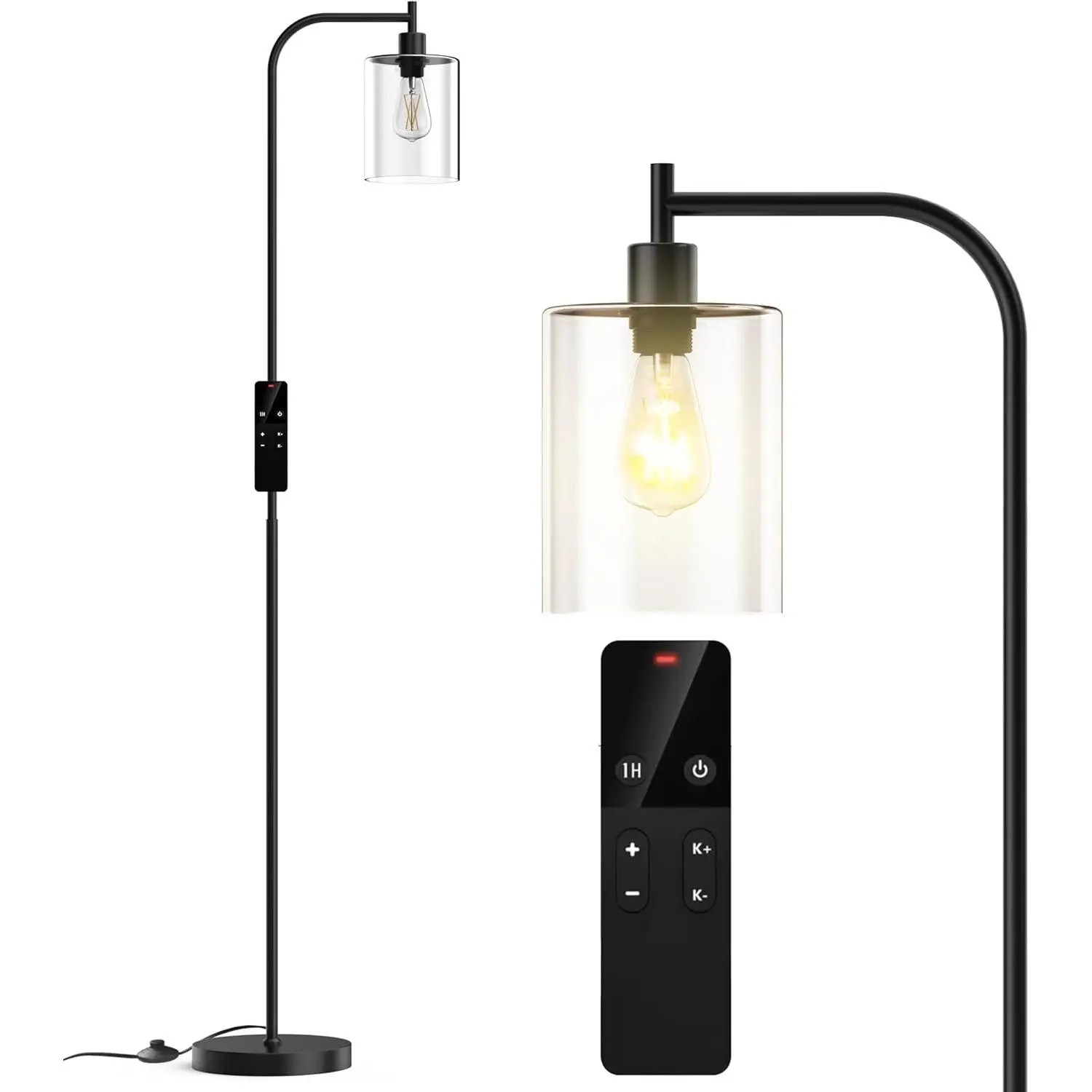 Black Industrial Floor Lamp with Glass Shade - Modern Dimmable Remote-Controlled LED Bulb Home Decor Lighting, Tall Bedroom Lamp for Living Room, Office, Bedroom Lamps