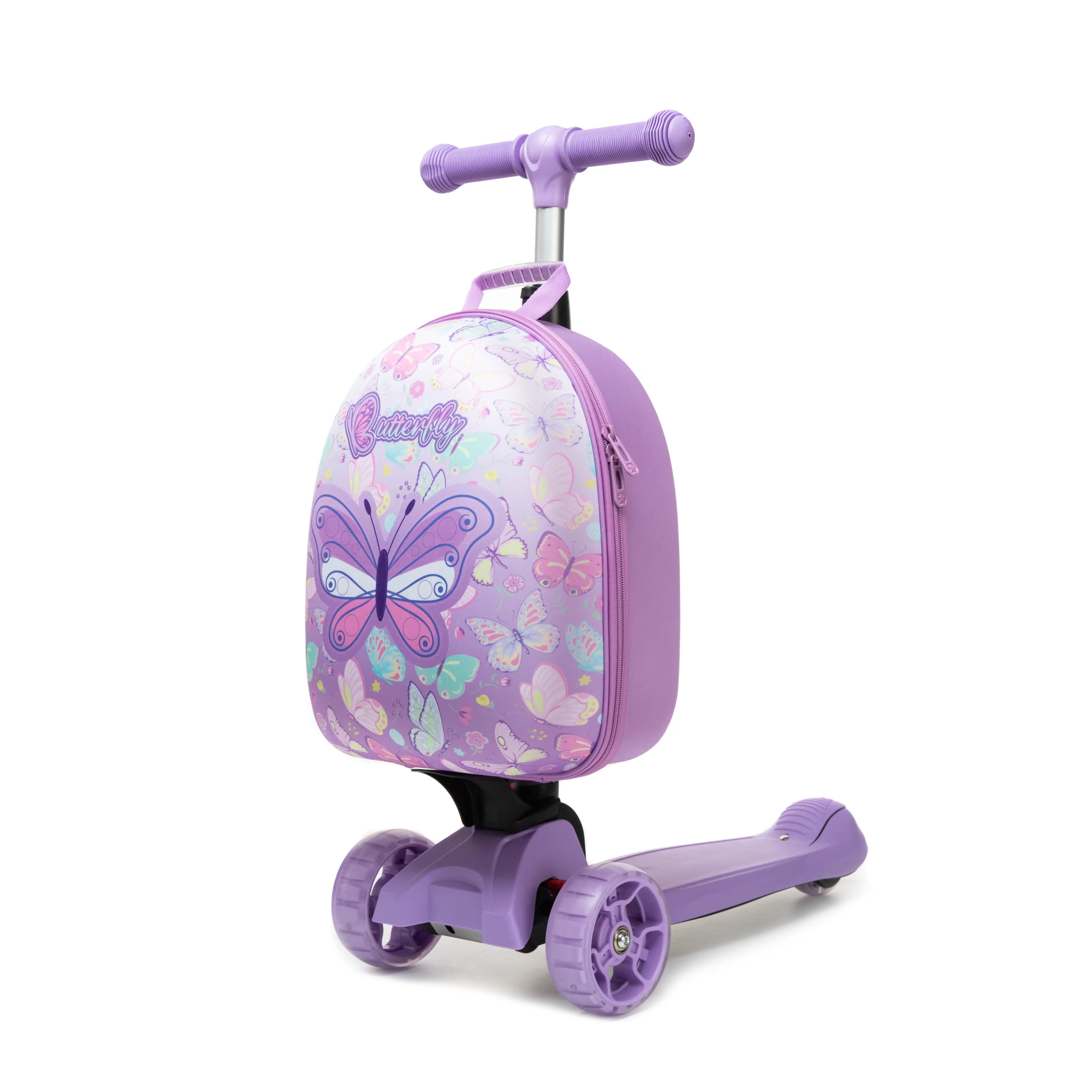 3-Wheel Kids' Ride-on Scooter Suitcase with Cute Butterfly Print, 2-in-1 Foldable Hard Shell Carry-On for Girls, Compact, Travel Toys, Folding Ride-On, Handle Grip, Ride + Carry