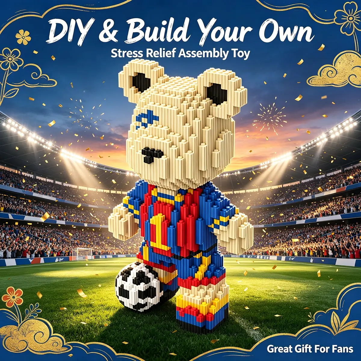 Blue Soccer Bear 3D Puzzle Block Decor, Ideal for Home Office Shelves, Party Decor, Perfect Gift for Holidays, Handmade Craft Ornament