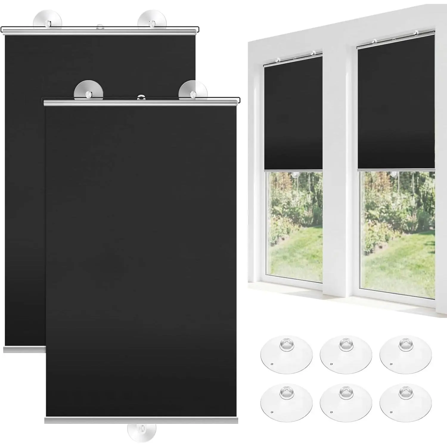 2 Pcs Black Blackout Roller Shades with 6 Suction Cups, 49" x 26.8" No Drilling Retractable Portable Window Blinds, Removable Temporary Shades for Home Office Bedroom Balcony