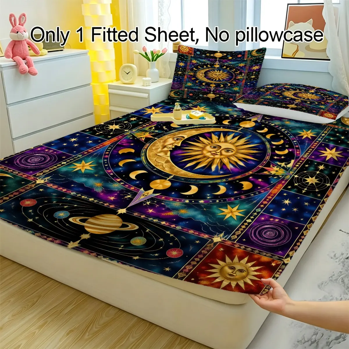 3 Piece High-Definition Digital Printing Fitted Sheet Set, Vintage Sun Moon Design Boho Bed Sheet Set, (No Filling, 1 Fitted Sheet, 2 Pillowcases), Bold Print Bed Cover for Bedroom, Rental House