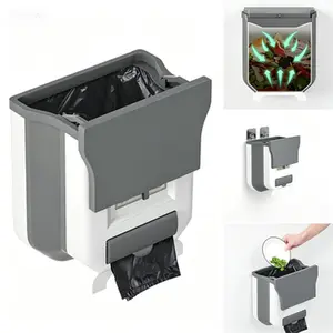 Kitchen Waste Bin with Lid, 2.4 Gallon Small Trash Can for Counter Top or Under Sink, Foldable Garbage Container for Cabinet/Car/RV/Bathroom/Camping, Hanging Trashcan with Lid for Home Storage