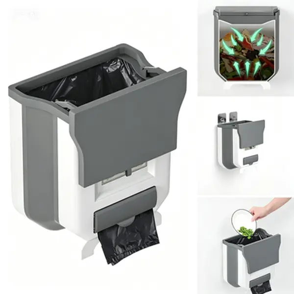 Kitchen Waste Bin with Lid, 2.4 Gallon Small Trash Can for Counter Top or Under Sink, Foldable Garbage Container for Cabinet/Car/RV/Bathroom/Camping, Hanging Trashcan with Lid for Home Storage