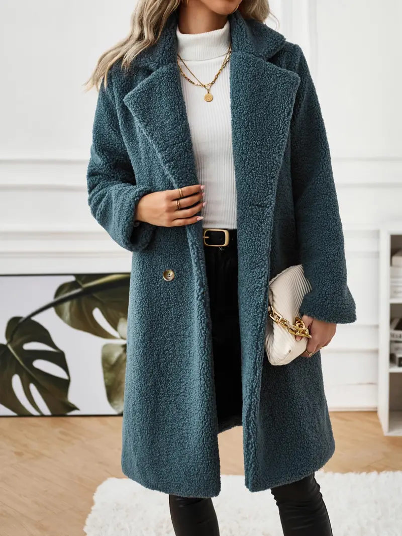 Product Introduction of Women's Solid Button Front Lapel Neck Fuzzy Coat, Casual Warm Long Sleeve Coat for Fall & Winter, Women's Clothing for Daily Wear 3