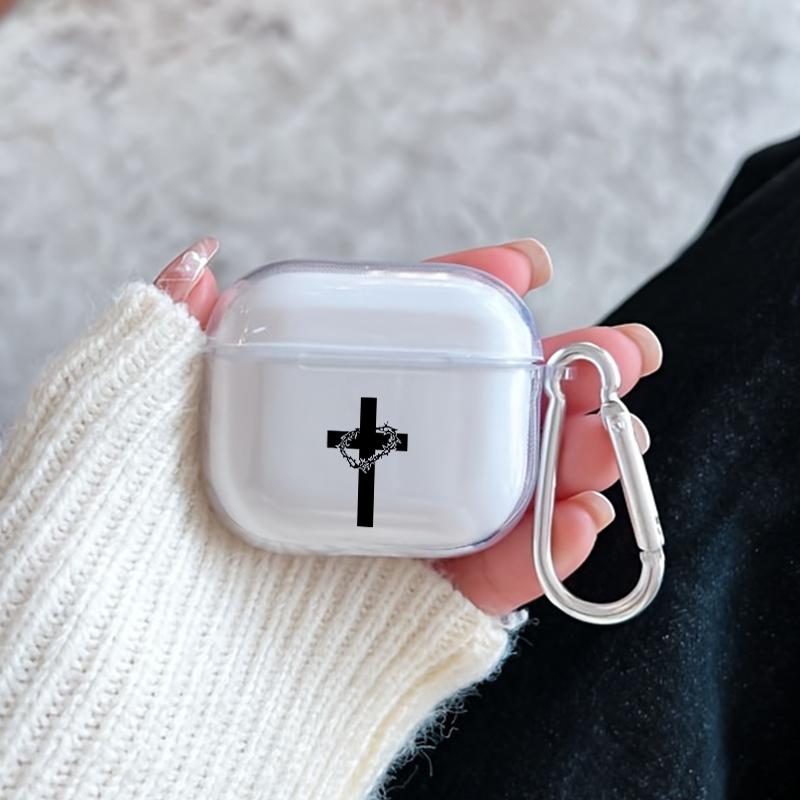 Cross Thorns Pattern Protective Case for AirPods 4/3/2/1/Pro/Pro2 Soft TPU Earphone Cover, Transparent with Keychain