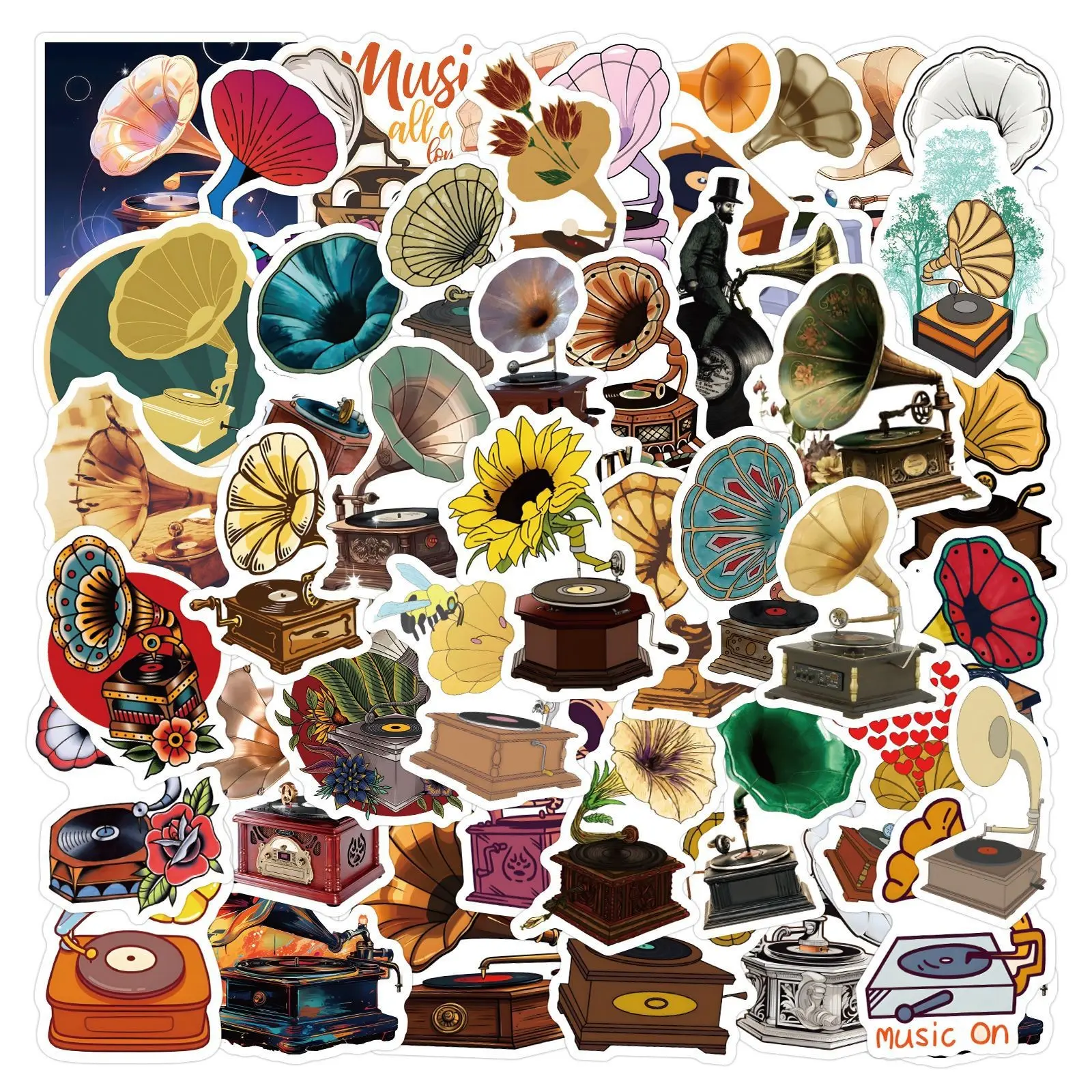 50 Pcs Vintage Record Player Graffiti Stickers, Waterproof Self-Adhesive Decals for Car, Luggage, Water Bottle, Skateboard, Phone Case