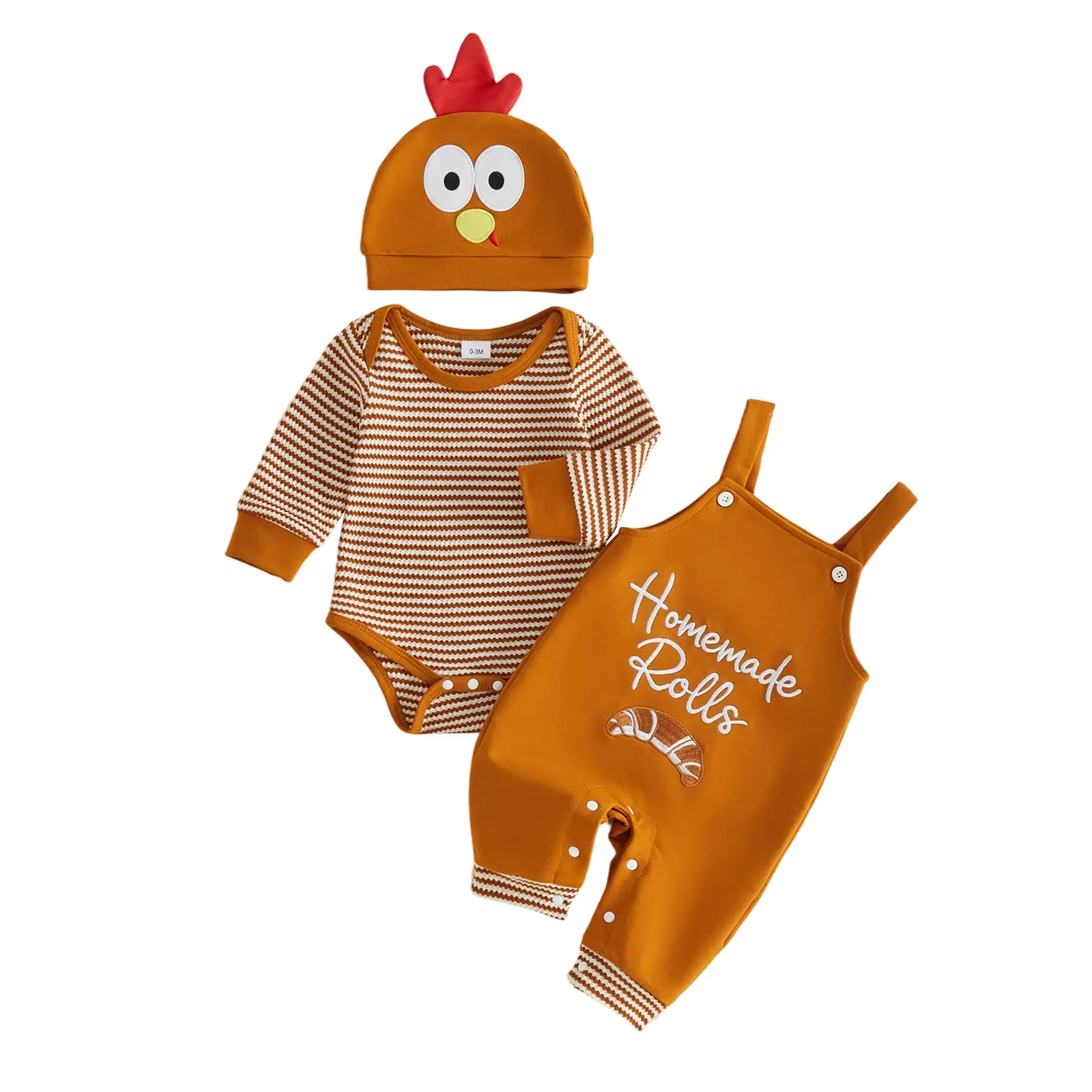 REDWOON Infant Baby Boy Thanksgiving Turkey Costume Striped Long Sleeve Bodysuit Homemade Rolls Croissant Embroidery Overalls and Turkey Hat Set