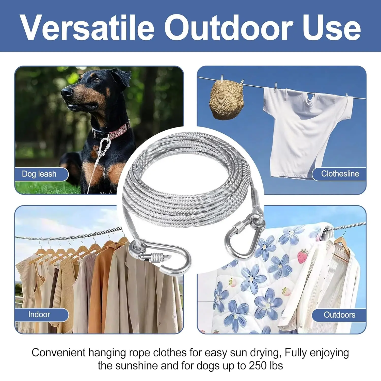 3m/5m Clothesline Rope, Coated Safety Cable with Hooks, Steel Wire, Anti-Slip, Rust-Resistant, Indoor Outdoor Use