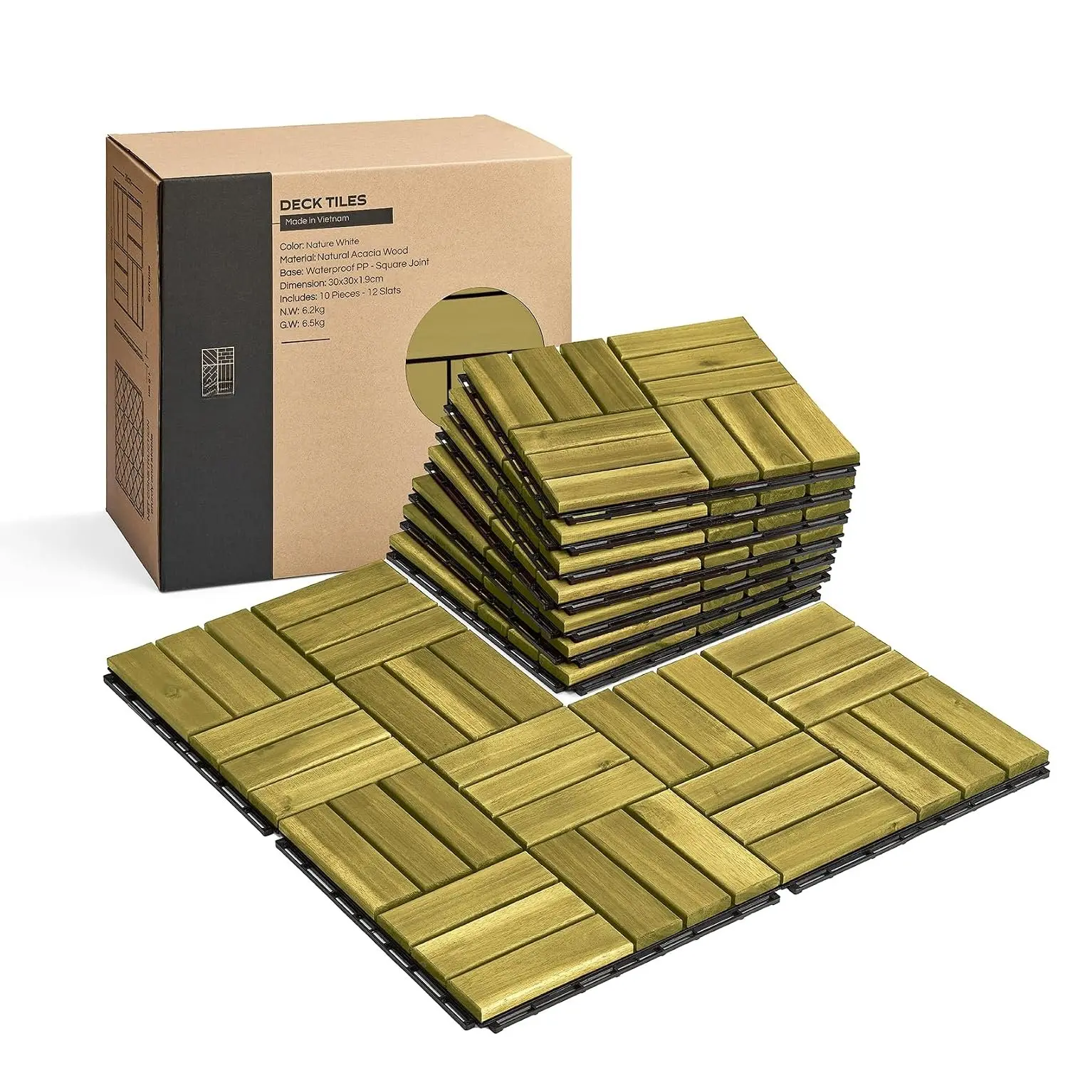 Acacia Interlock Tiles - 10-Count 12”x12”x0.9” Outdoor Safe Quick Drainage Deck Tiles, SweetGrass Crossed Square Joints for Balcony, Backyard (Indoor & Outdoor Use), Box Pack