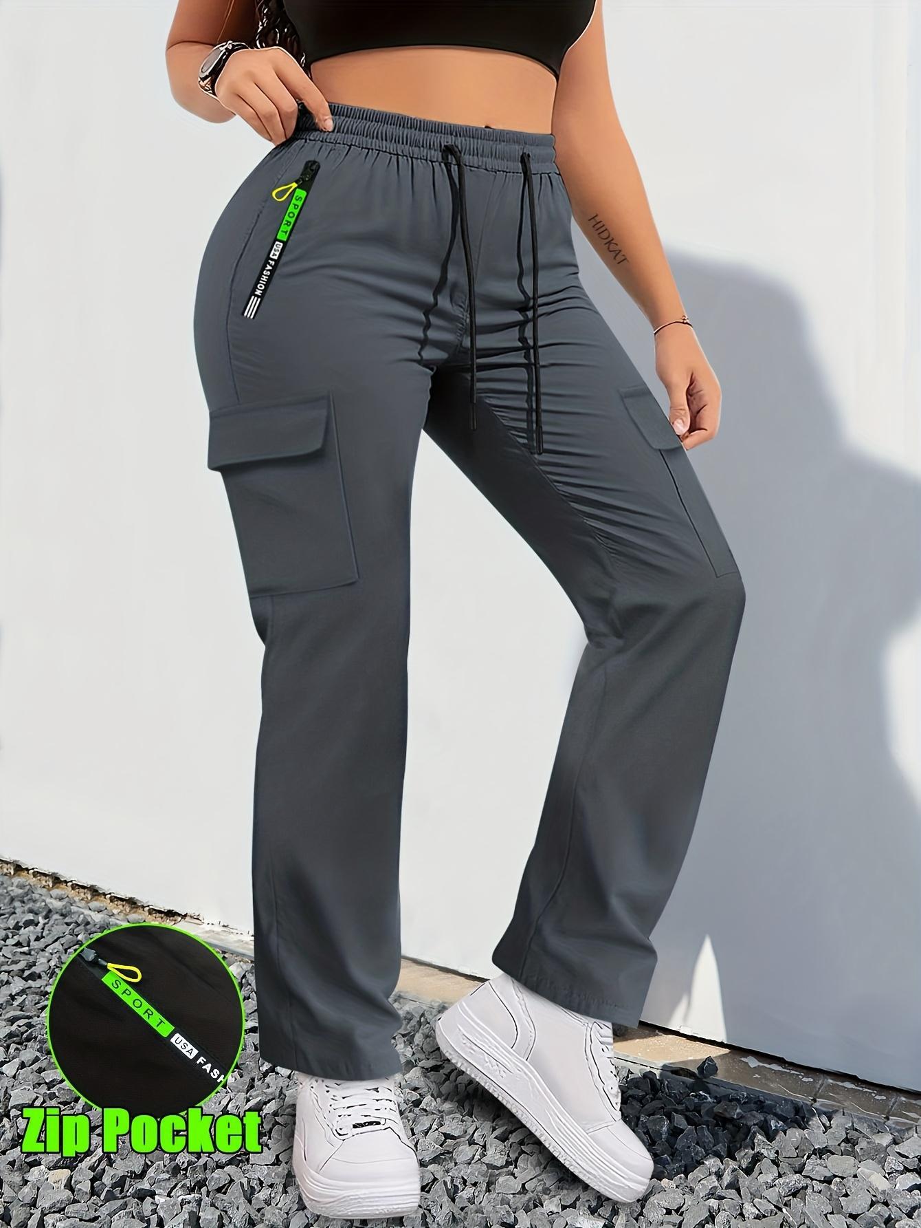 Women's Regular Fit Cargo Pants - 4 Functional Pockets (Including Zip Pocket) with Adjustable Drawstring Waist | All-Season Comfort in Smooth, Durable Fabric | Versatile for Casual Wear & Outdoor Activities