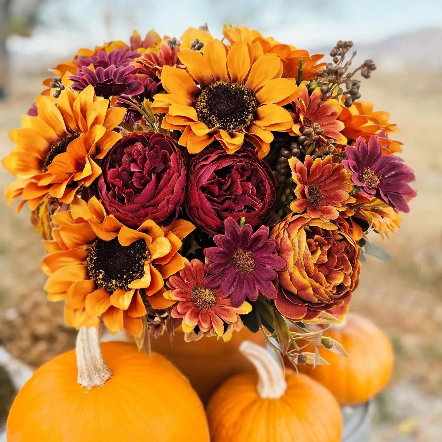 4 Bundles Realistic Artificial Fall Silk Flowers, Burgundy Mums Sunflower Peony Rose Hydrangea, Faux Floral Stems for DIY Wedding Bridal Bouquet, Thanksgiving Party Table Centerpieces & Vase Arrangements