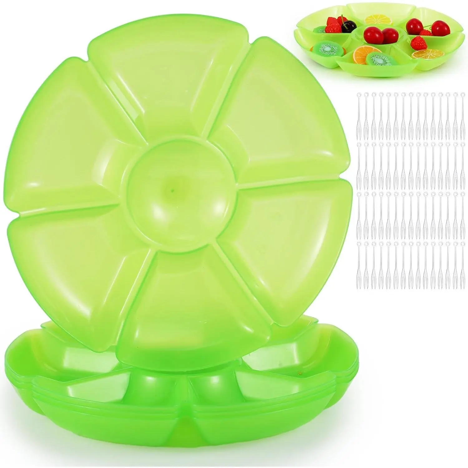 4 count Sectional Heavyweight Plastic Divided Plates Serving Trays with 40 Disposable Forks 10.6" 7 Section Round Chip Dip Plate Snack  Platter for Nut Candy Veggie Fruit (Blue)