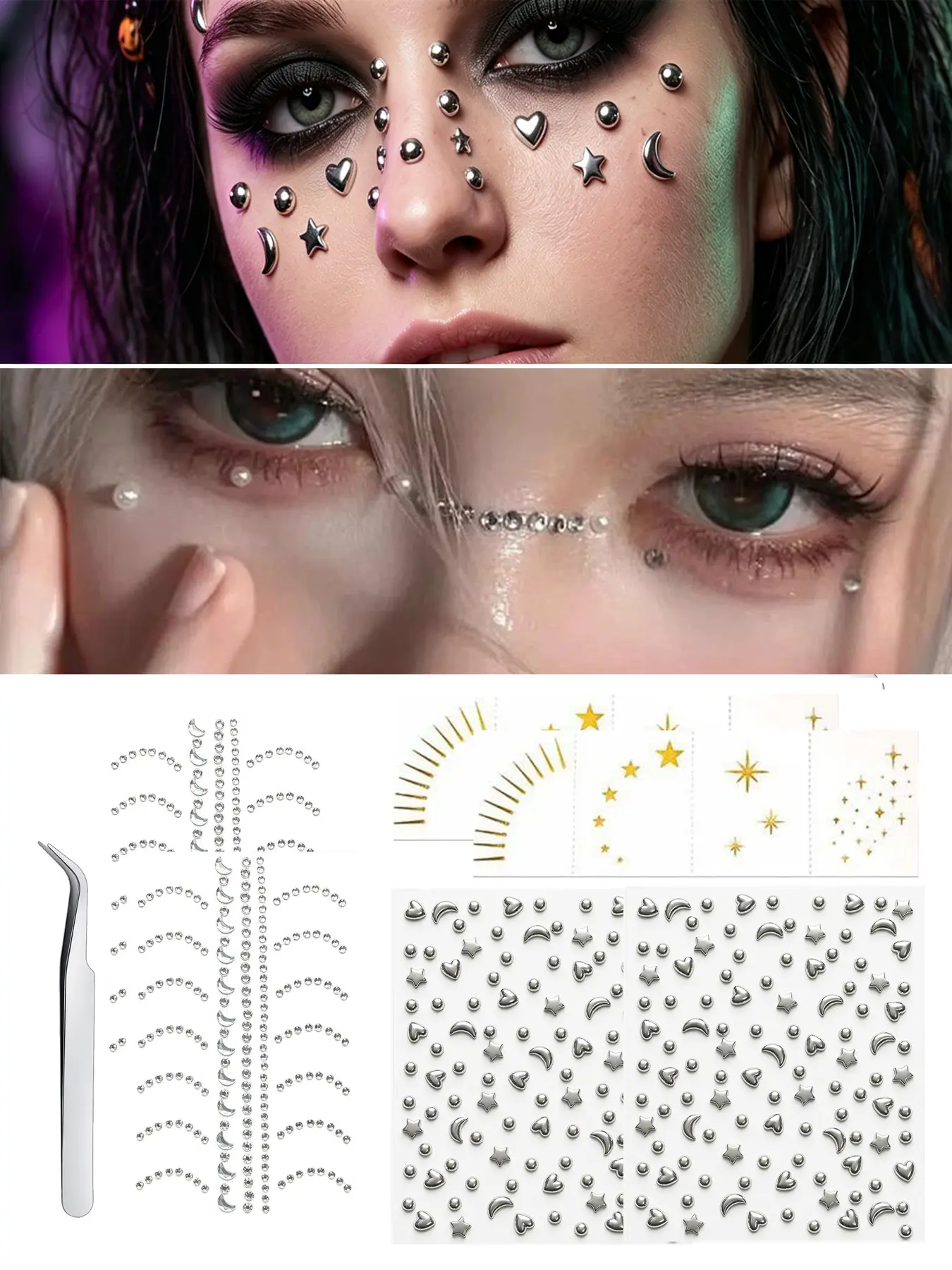 Face Gems Hair Gems Hair Jewels Face Jewels Stick on Rhinestones for Makeup Festival Eye Gem Star Sticker Self-Adhesive Nose Bridge Y2K Jewelry Party K-Pop Music Festival Concert Accessories