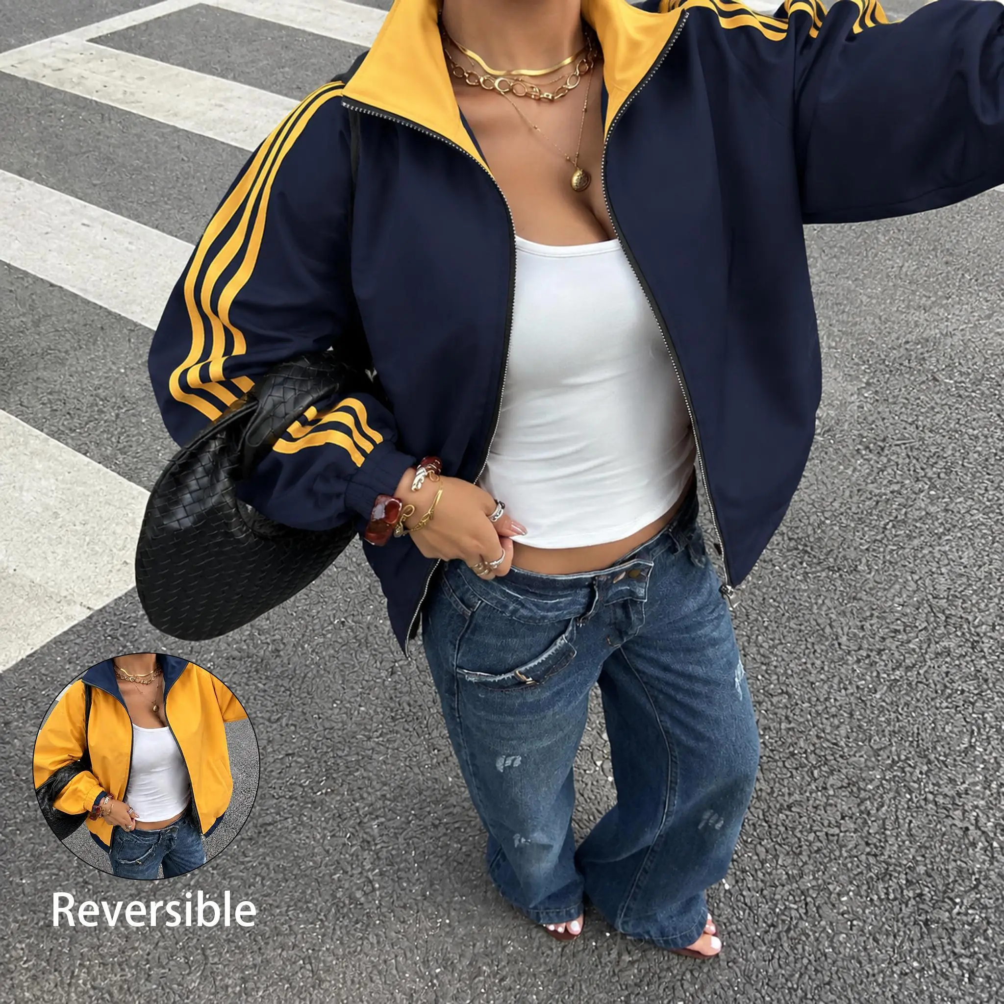 Oversized Reversible Jacket Ladies Striped Sleeve Stand Collar Street Outerwear