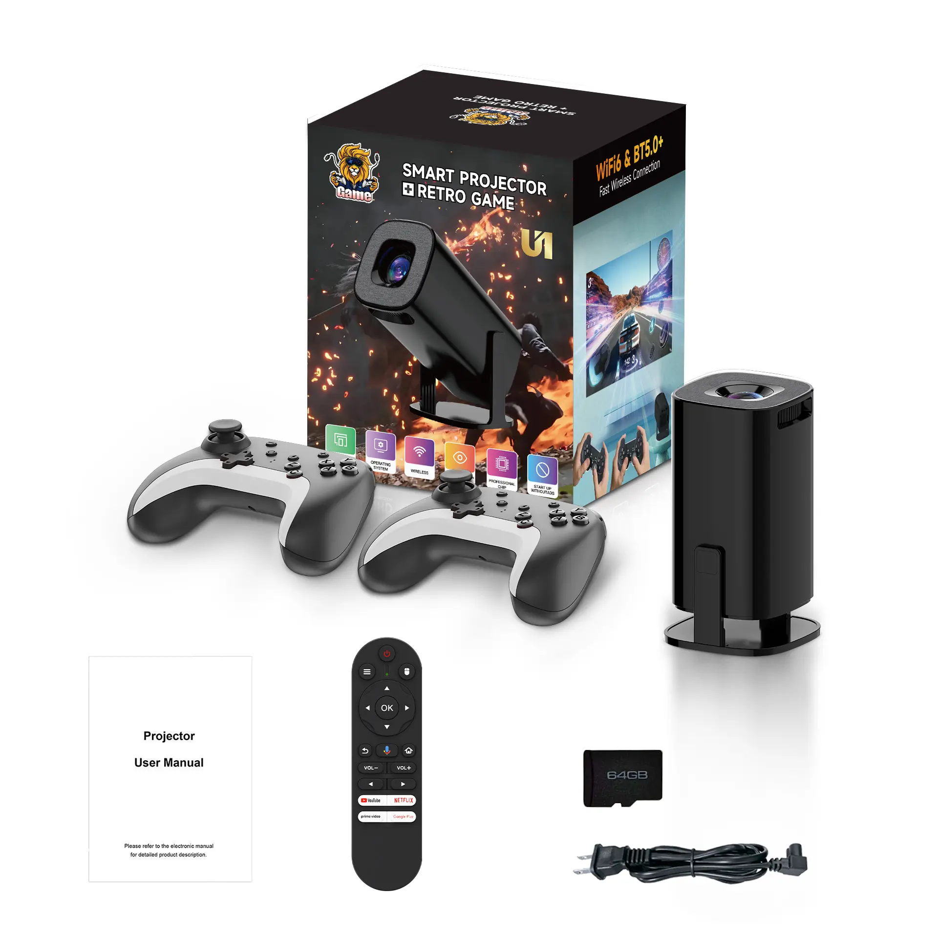 Portable Smart Projector 200 Ansi Brightness, Android 14 Os, Four-Point Calibration, Wireless Casting, H.265 Hardware Decoding, Ultra-Light 0.4kg