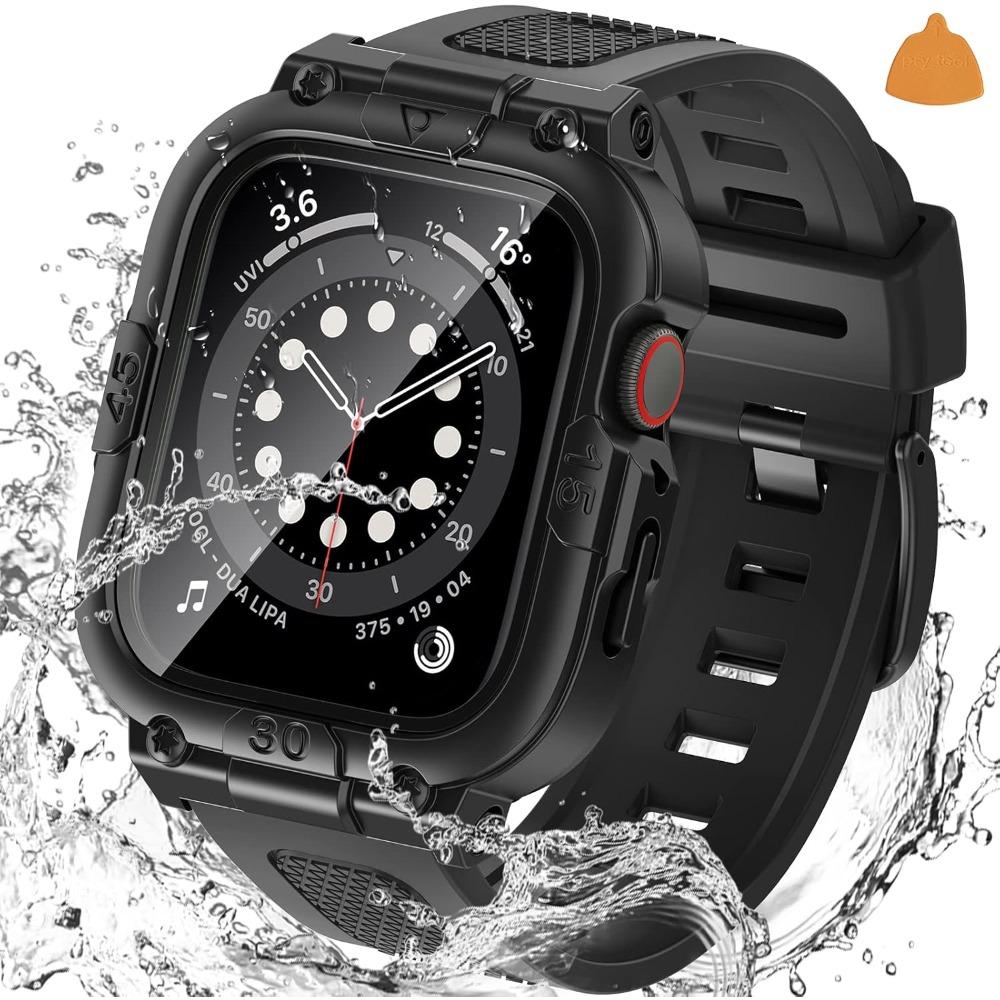BASIC SUPPLY 3 in 1 Waterproof Case with Band For Apple Watch, Built-in Tempered Glass Screen Protector 44mm, 360 °   Shockproof Bumper Face Cover with Band For Apple Watch SE 3,SE 2,SE, Series 6,5,4, 44mm