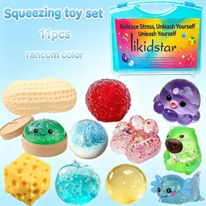 11 piece set of various flashing decompression toys, random color food, fruit, animal squeezing pressure balls, with portable storage box, used to relieve anxiety, a novel holiday gift for boys and girls