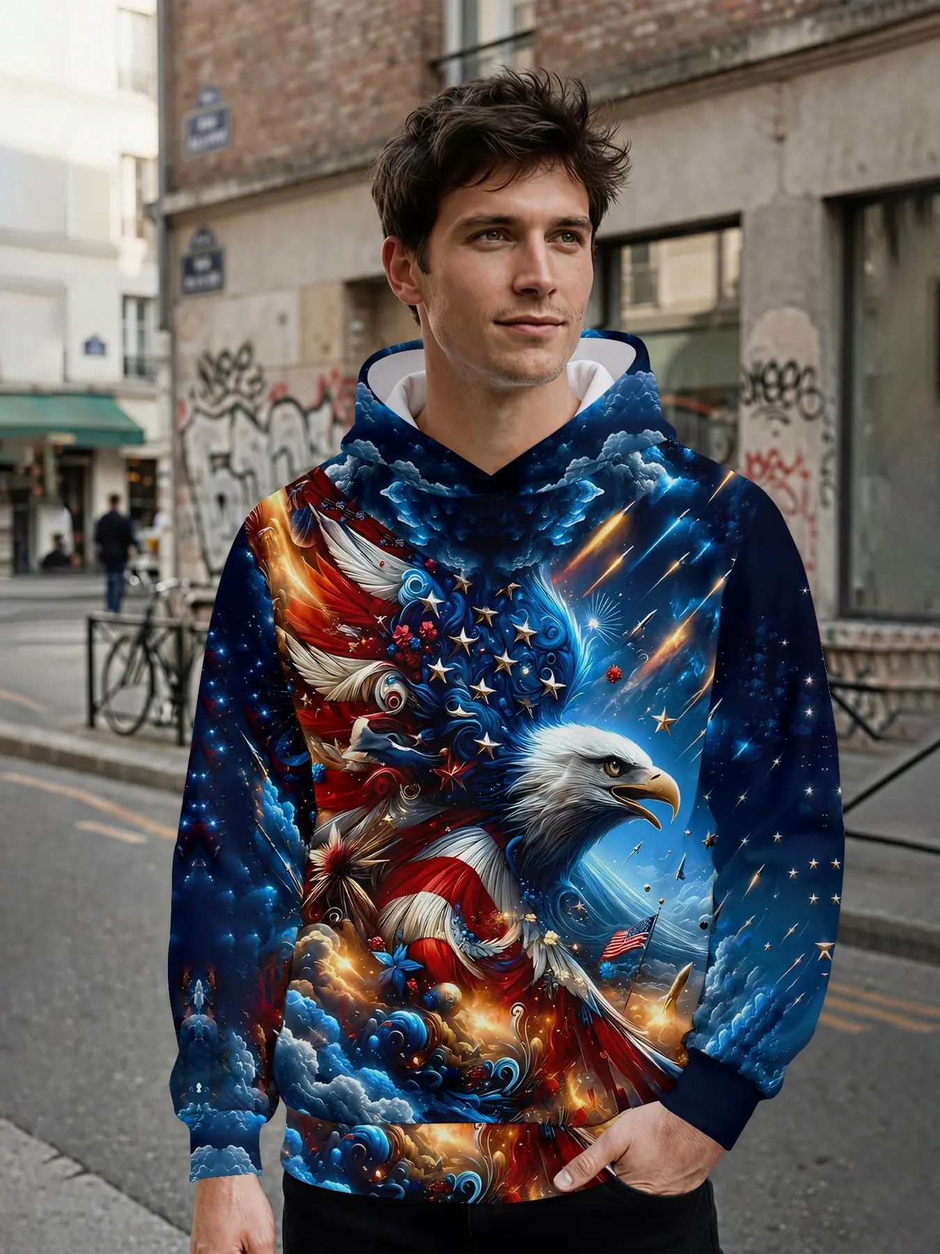 Men's 3D digital print hoodie with a casual all-over print design featuring nebulae, red-blue winged eagles and brilliant starry skies. Its full-print pattern stands out sharply for daily street looks and music festival outfits, making it an ideal holiday