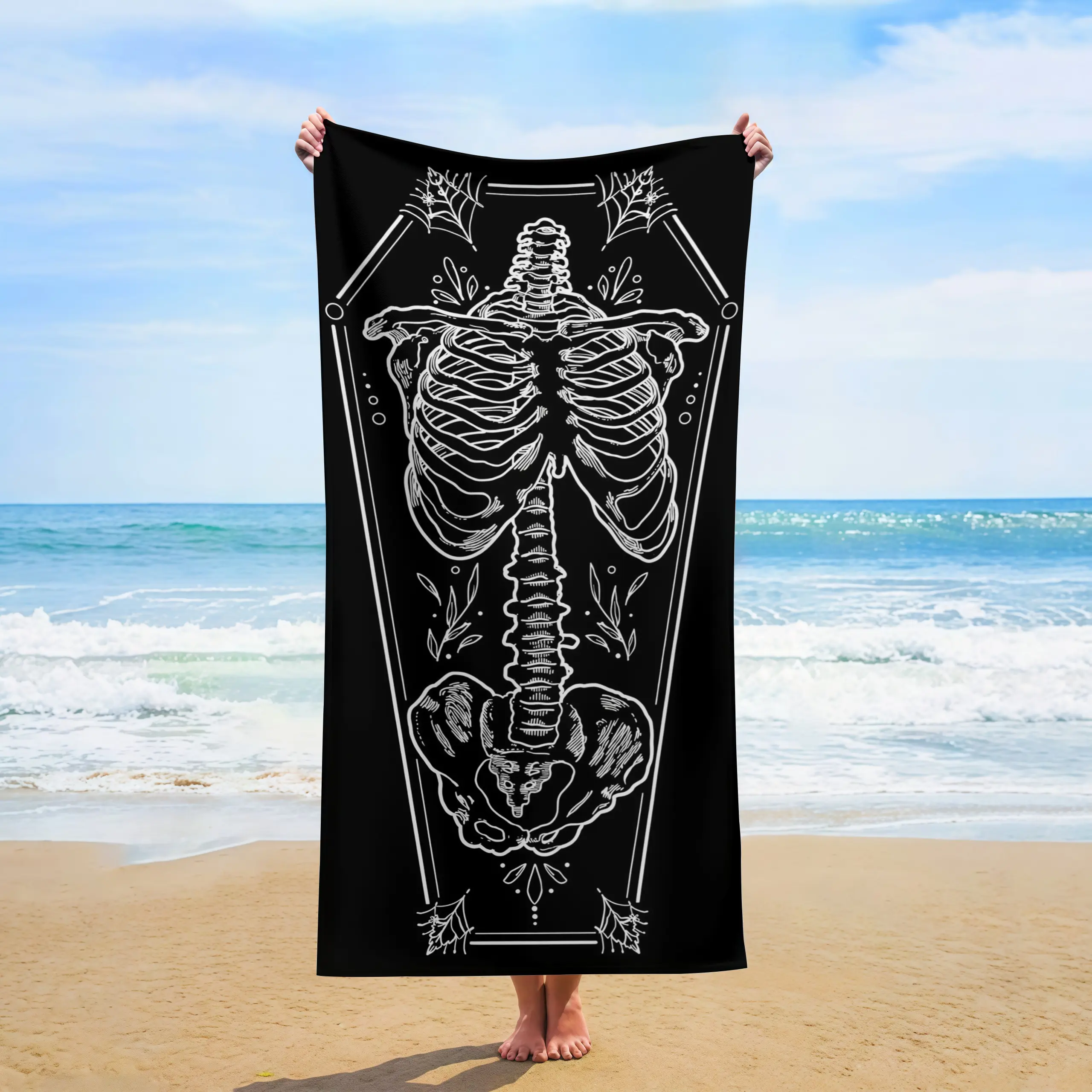 Quick Dry Beach Towel Black White Skeleton Coffin Print Lightweight Summer Beach Pool Camping Towel For Gothic Dark Art Lovers