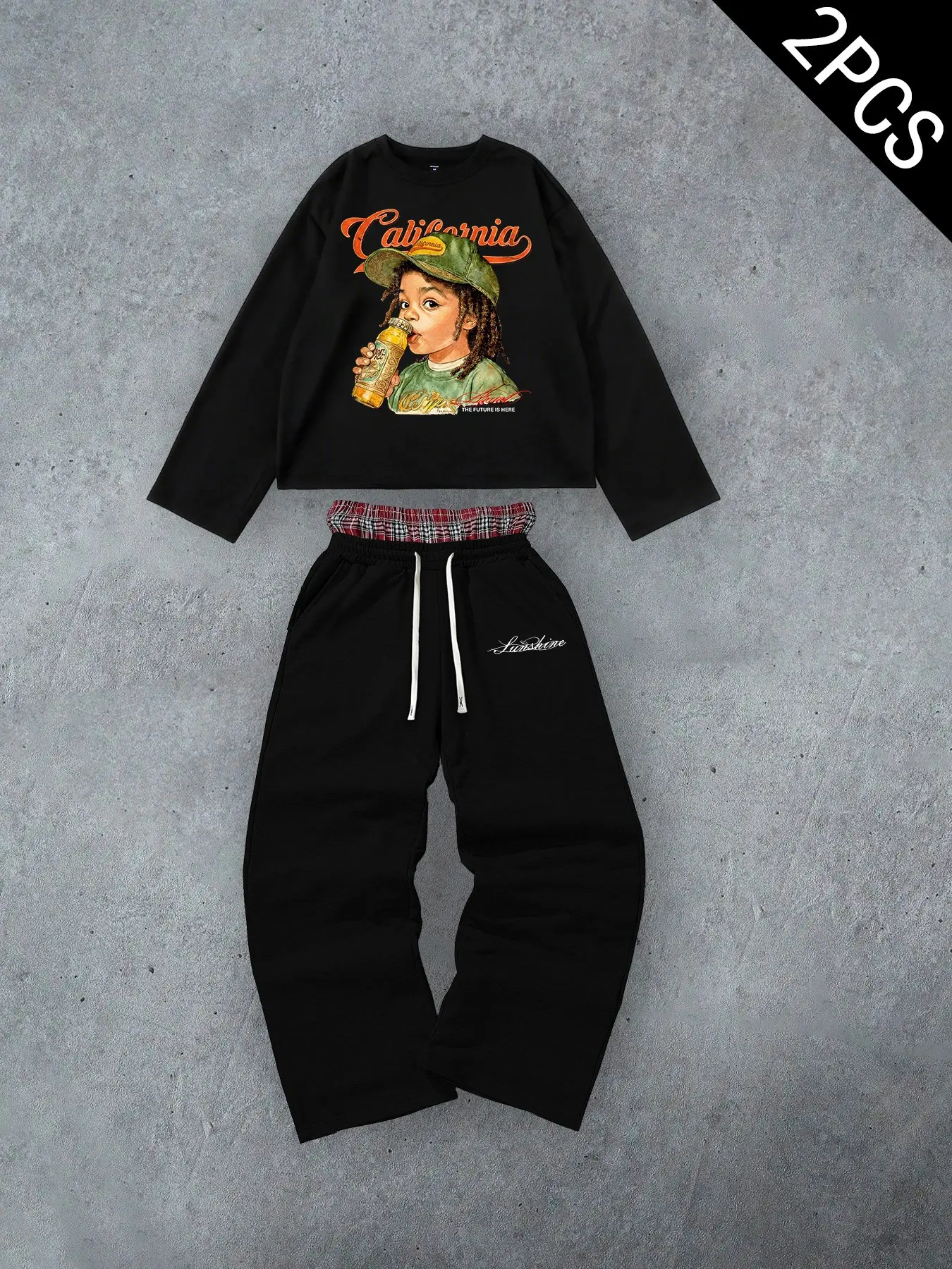 Unisex 2 Piece Tracksuit Vintage 90s Hip‑Hop Graphic Print Cropped Long Sleeve Top Plaid Waistband Baggy Wide Leg Sweatpants Matching Two‑Piece Set Loose Streetwear Outfit For Couple Daily Street Outing Hip‑Hop Party Skate Concert Wear
