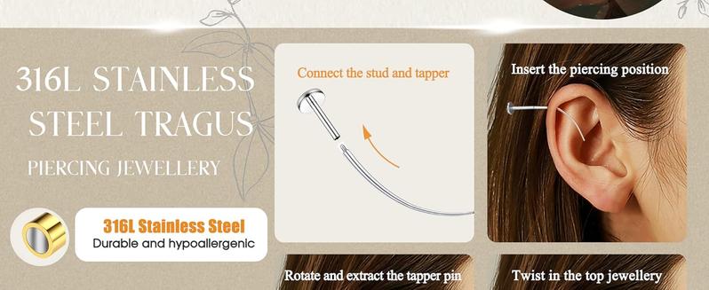 14K Gold Plated Flat Back Stud Earrings - 316L Surgical Steel Internal Thread CZ Stud Piercing Jewelry for Tragus Helix Cartilage Conch Nose Hypoallergenic Lip Monroe Labret Medusa Piercing 16G 18G