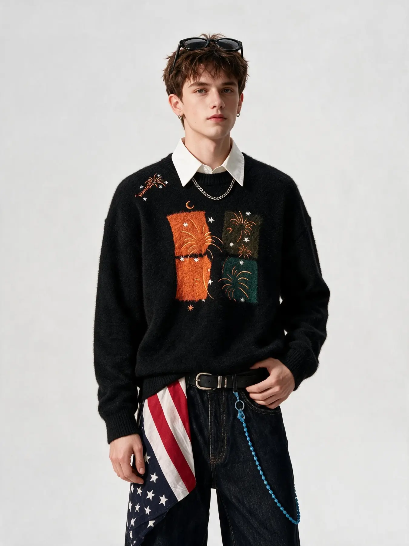 Firework Starry Embroidered Sweater, Round Neck Knitwear, Festival Atmosphere Essential, Stylish and Comfortable Pullover