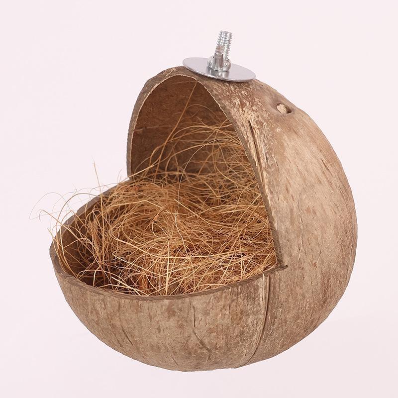 Natural Coconut Bird Nest House – Handmade Grass Woven Parrot Cage Toy, Cozy Breeding Shelter for Small Birds, Hanging Habitat for Parakeets, Lovebirds & Finches