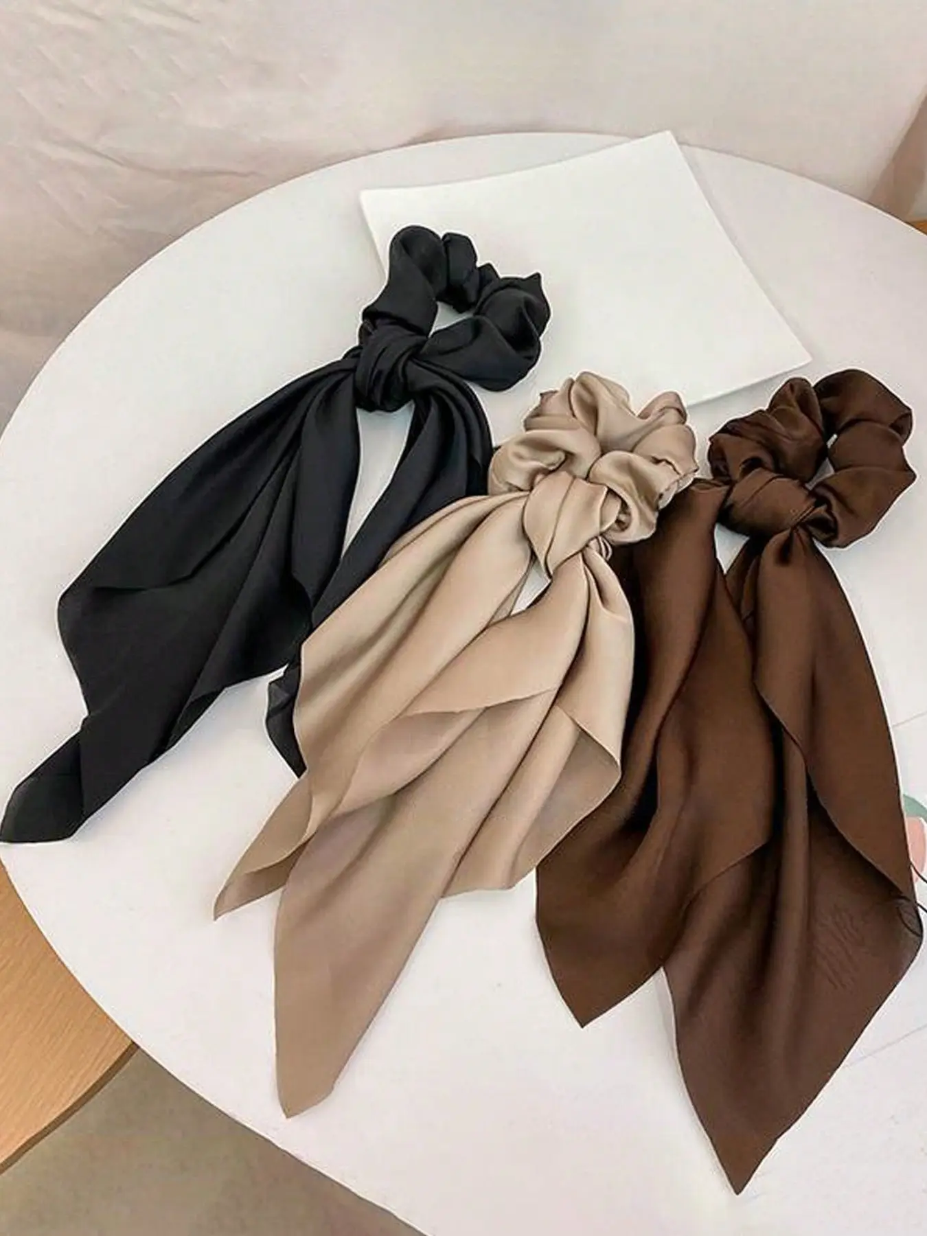 3pcs Ladies' Black, Khaki, Coffee Satin Ribbon Hair Scrunchie & Hair Ties; Fashionable, Versatile, Elegant, Simple Style, Solid Color Hair Accessories Suitable For Daily, Going Out, Hair Styling, Makeup And Clothing Matching Casual, School Scrunchies Hair