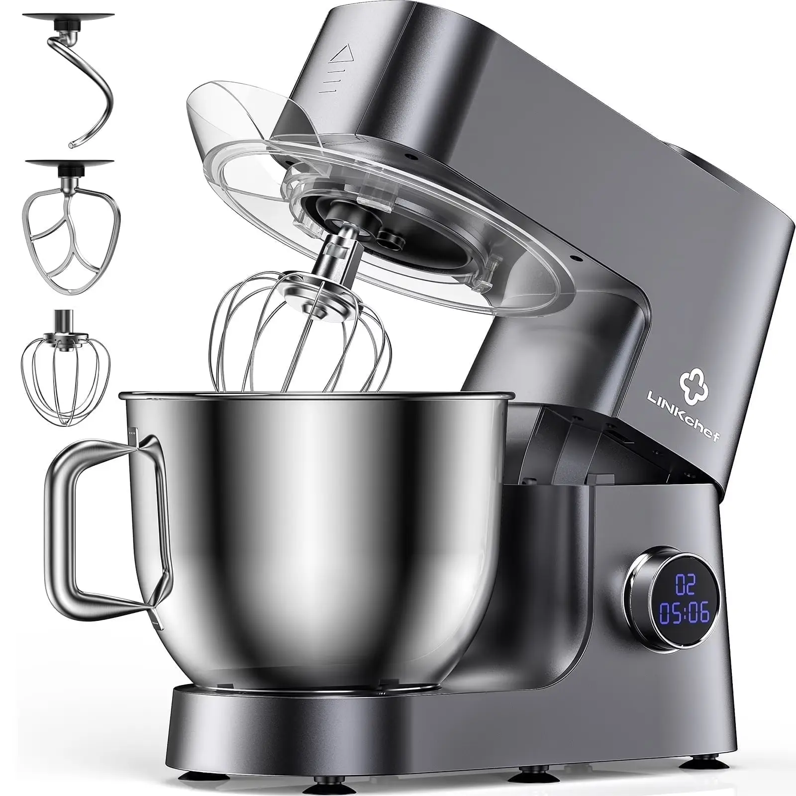 LINKChef 7.4 QT Stand Mixer 800W 12-Speed Tilt-Head Food Mixer with Dough Hook Wire Whip Beater Grey