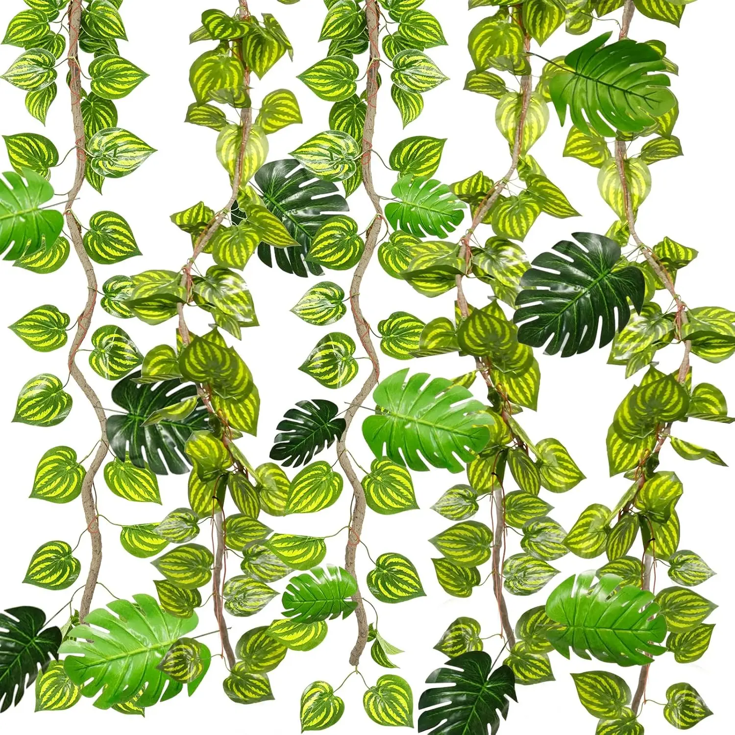 Artificial Tropical Palm Leaves with Rattan Vines & Greenery Garland,PVC Fake Leaves Jungle Safari Rainforest Decor for Home Party Wedding Wall Room Decor