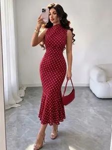 Elegant Polka Dot Bodycon Fish Tail Dress, Summer Holiday Date Dinner, Casual Urban Chic New Women's Fashion