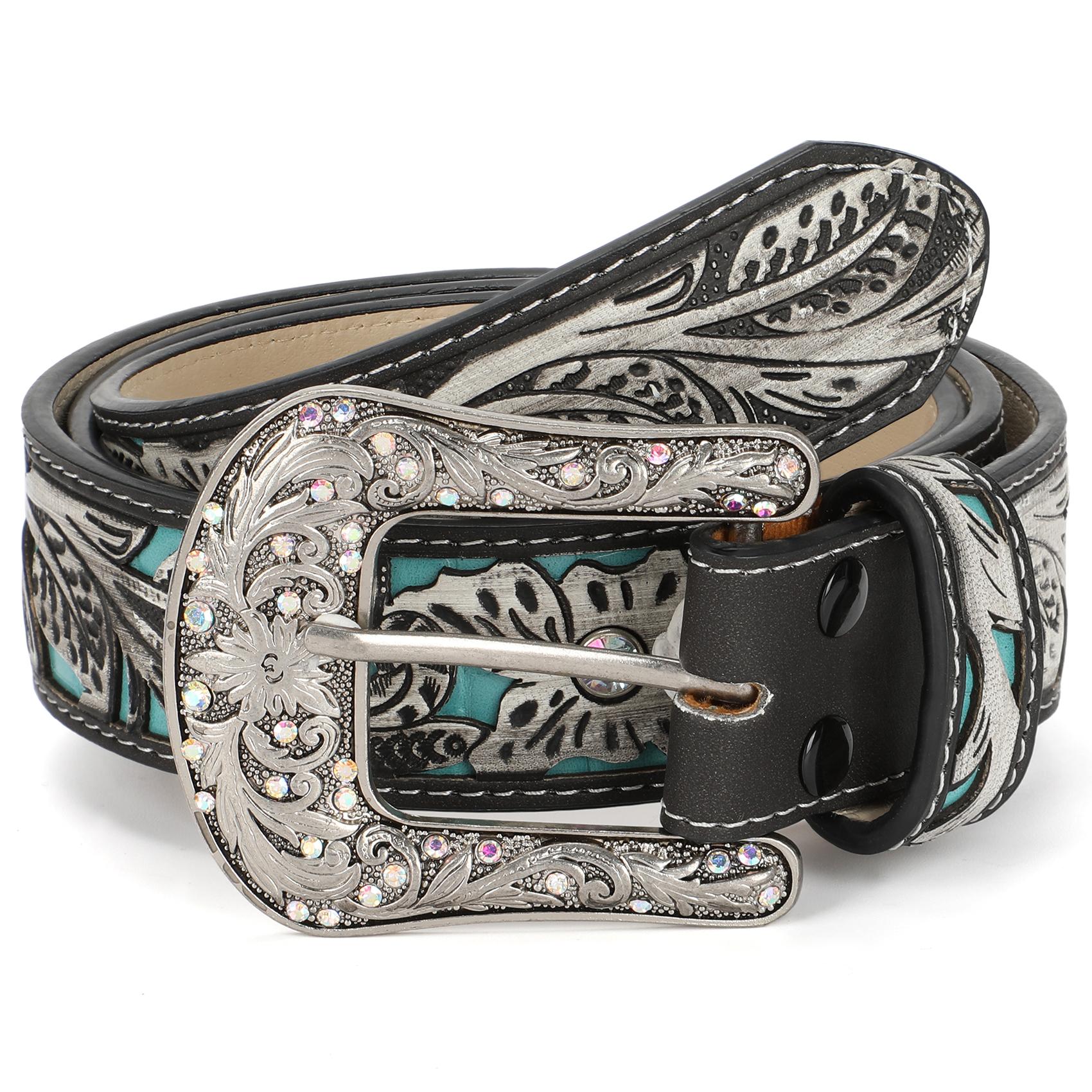 XZQTIVE Unveils Timeless Western Glamour: A Versatile, Cowboy-Inspired Leather Belt Adorned with Intricate Floral Embossing & a Captivating Rhinestone-Encrusted Turquoise Longhorn Buckle for All Boho Leaf Embossed Western Belt SpringStatements