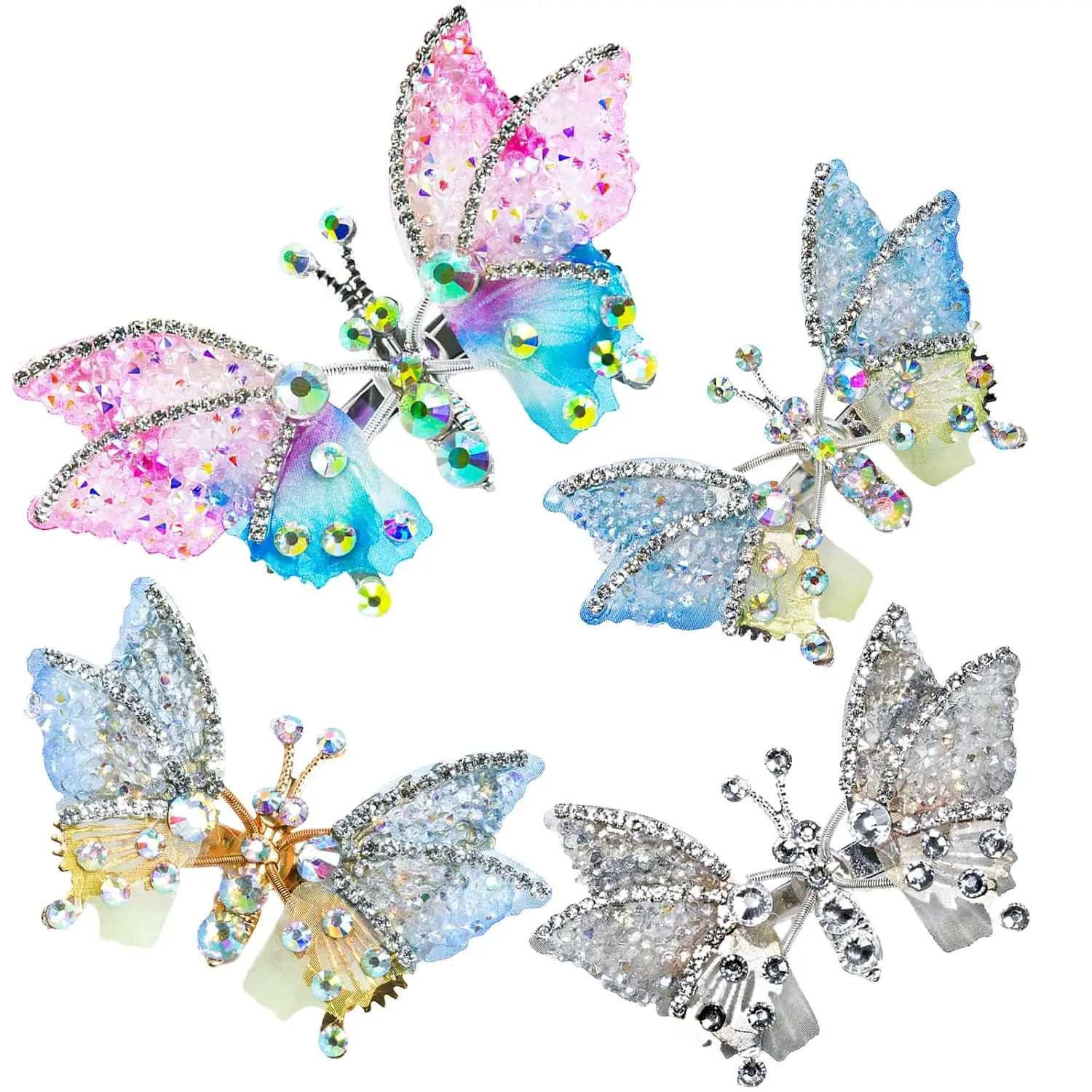 Girls' 4-Count Modern Butterfly Motif Hair Clips - Glitter Fabric, Moving Wings, Rhinestone Accents - Party & Trip Hair Accessories with Cute Flying Design