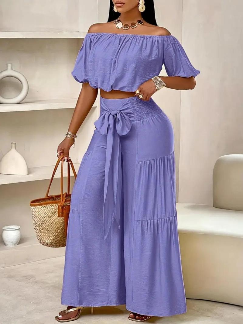 Women's Solid Off Shoulder Crop Top & Wide Leg Pants Set, Casual Breathable Fashion Cozy Baggy Top & Trousers for Daily Outdoor Wear, Ladies Clothes for Summer, Womenswear, Two Piece Outfits for Women
