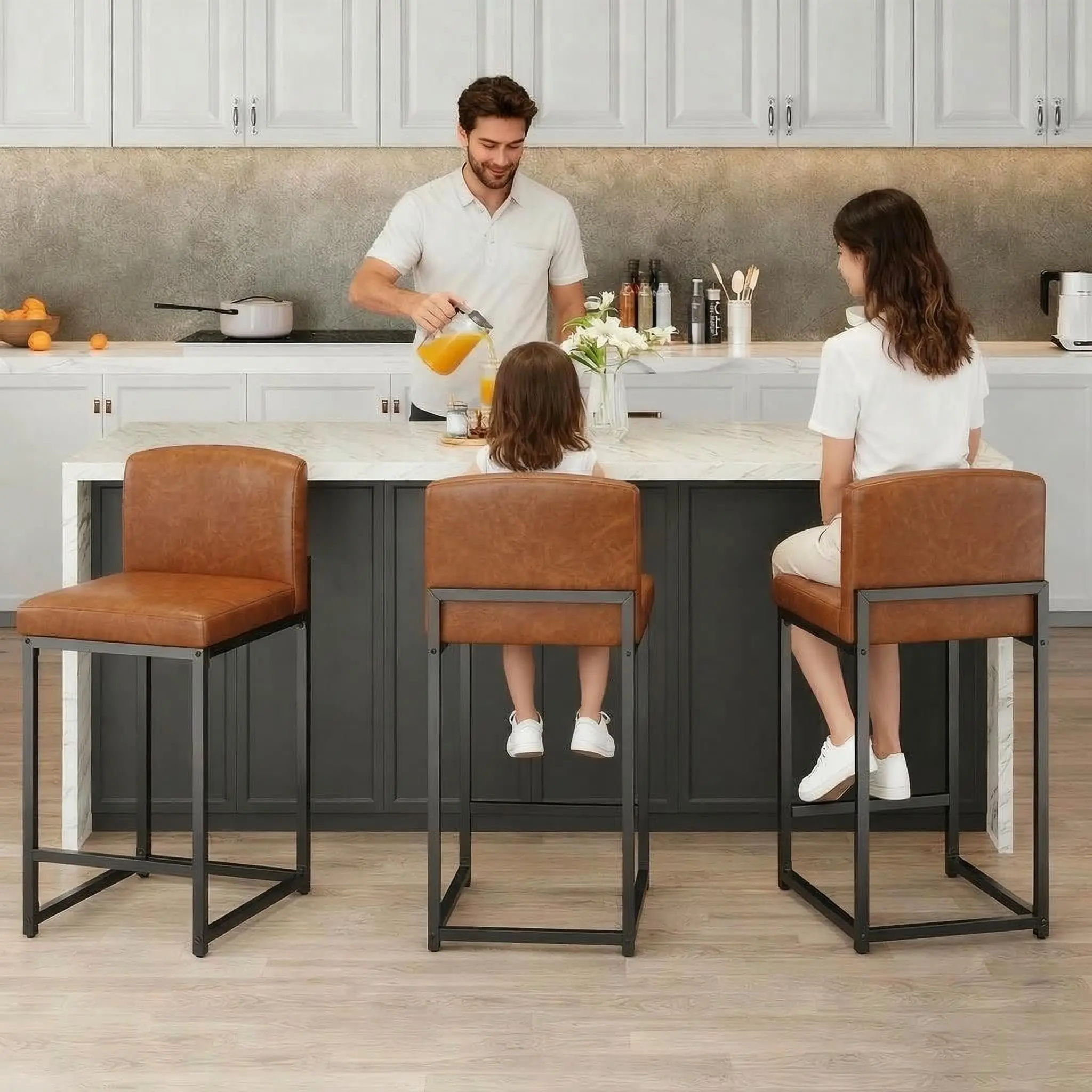 2-Piece Modern Counter Height Stool Set - Armless, Faux Leather Upholstered Bar Stools with Backrest, Footrest for Kitchen Island, Home Bar (Brown, Grey), Without Arms