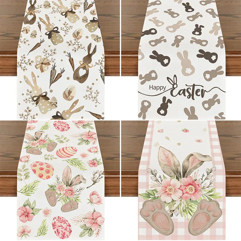 Easter long table runner, linen, stain-resistant, cute bunny print tablecloth, restaurant atmosphere decoration table runner