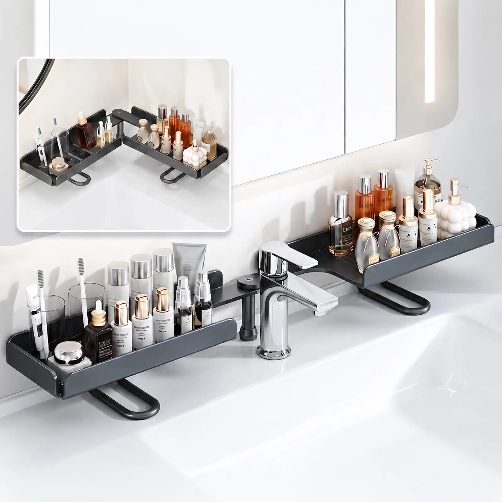 Rotatable Bathroom Sink Organizer Shelf, 90-180 Degree Adjustable, No Drill Kitchen Caddy, Soap & Skincare Holder, Toothbrush Rack