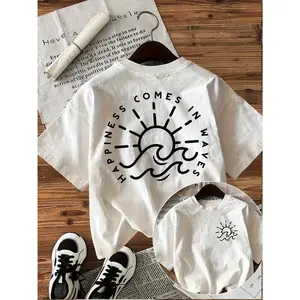 Ocean Wave Sun Graphic T-Shirt, Beach Vacation Casual Tee, Summer Aesthetic White Top
