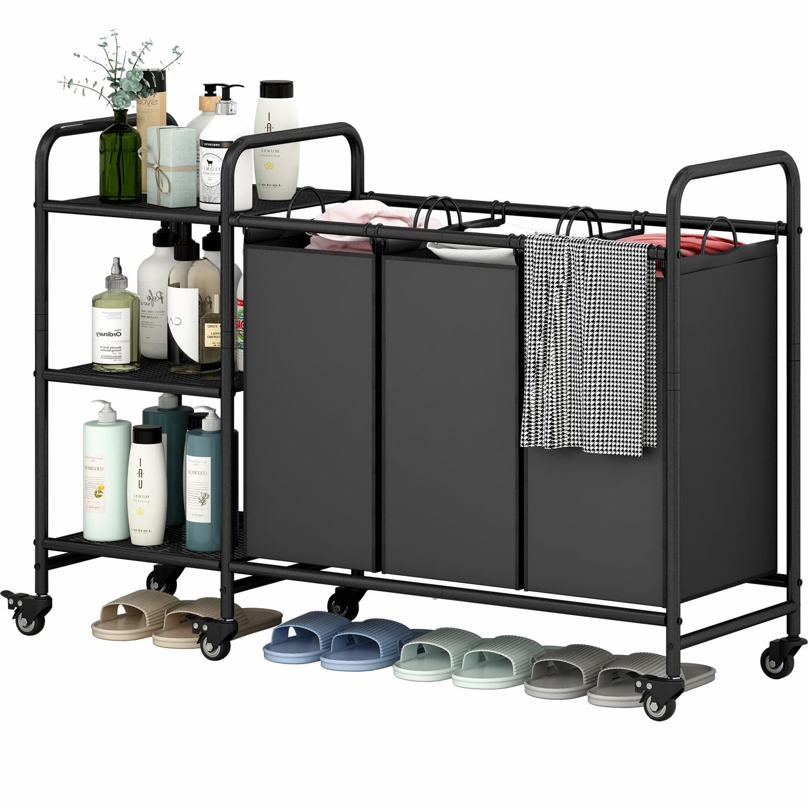 3-Bag Laundry Sorting Trolley with Storage Rack 3-Section Laundry Basket Sorter with 3-Tier Storage Rack with Lockable Rolling Wheels Laundry Separation Basket with Removable Bag for Dirty Clothes Deals For You Days