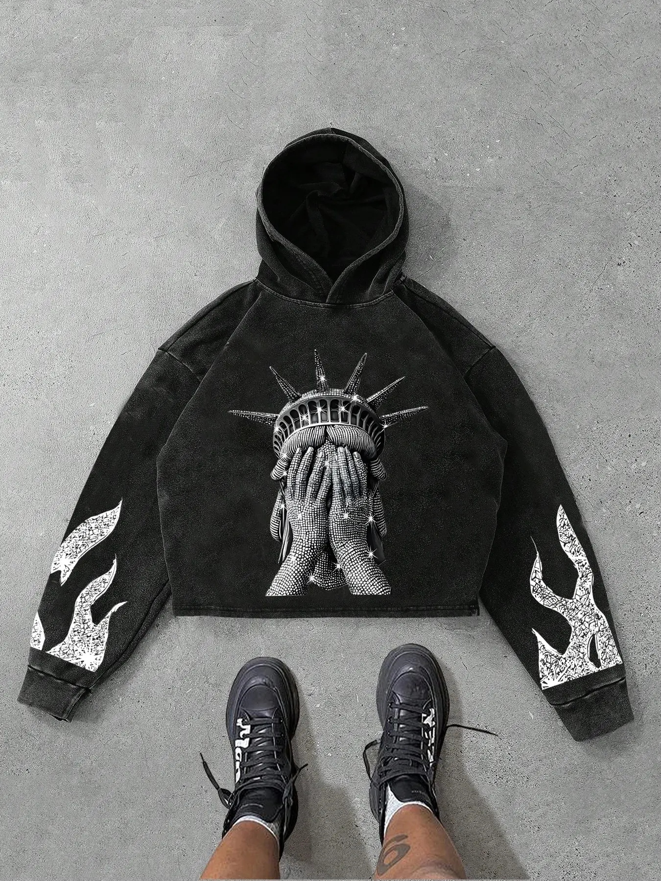 Men's Flame and Liberty Statue Print Hoodie, Casual Loose-Fit Sweatshirt, Fall & Winter Streetwear, Cotton Blend, Outdoor Fashion